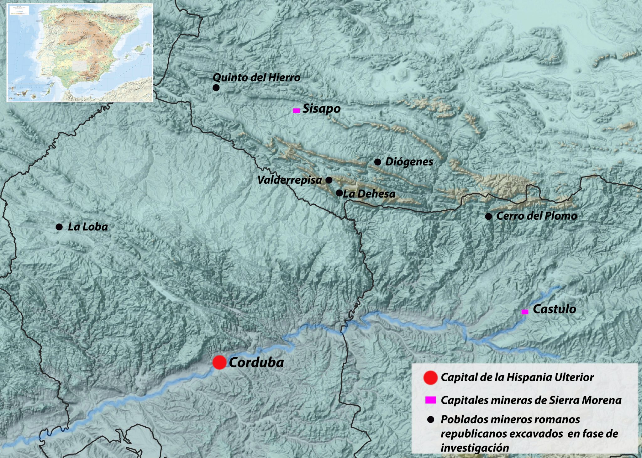 Mapa de Sierra Morena con la localización de Valderrepisa y otros yacimientos mineros romanos del entorno.